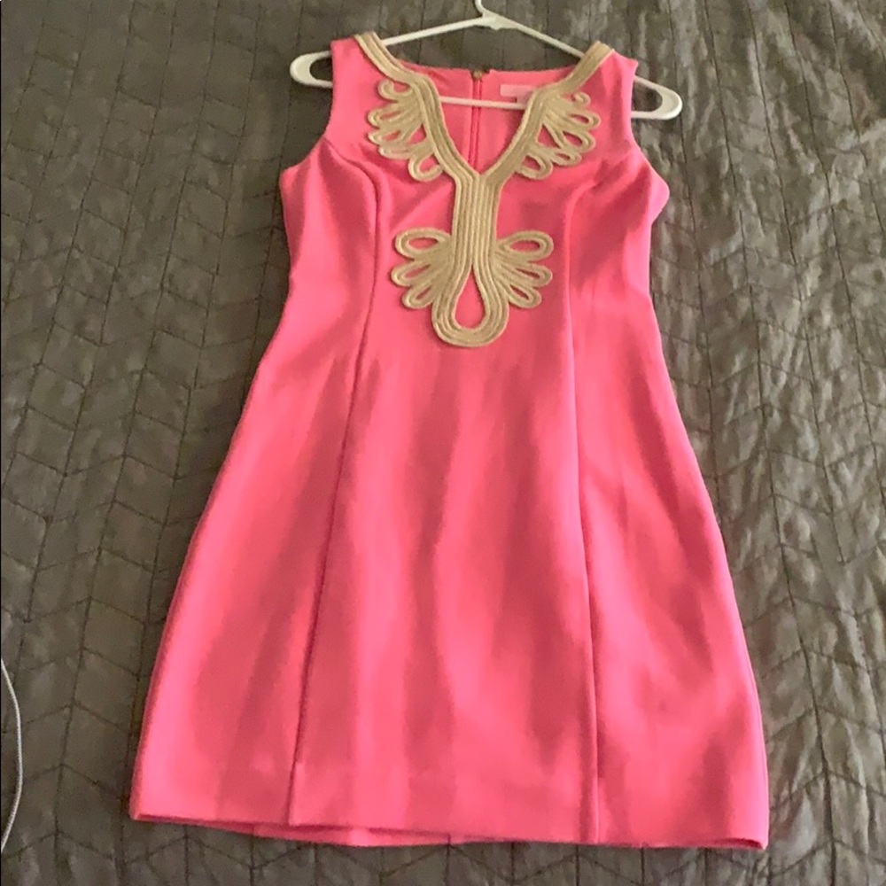 Lilly Pulitzer Hot Pink Mini Dress with Gold Embroidery